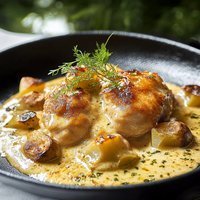 Fricassée de cuisse de poulet à la crème & coquillettes au beurre